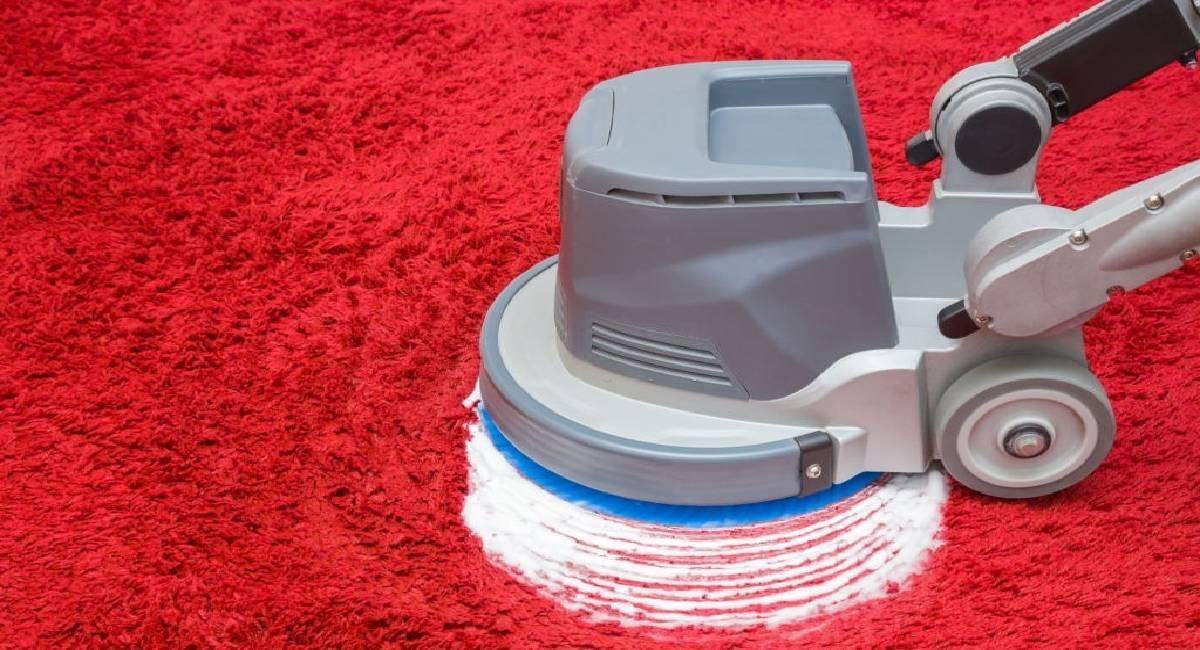 A rotary carpet-cleaning machine deep-cleaning a red carpet